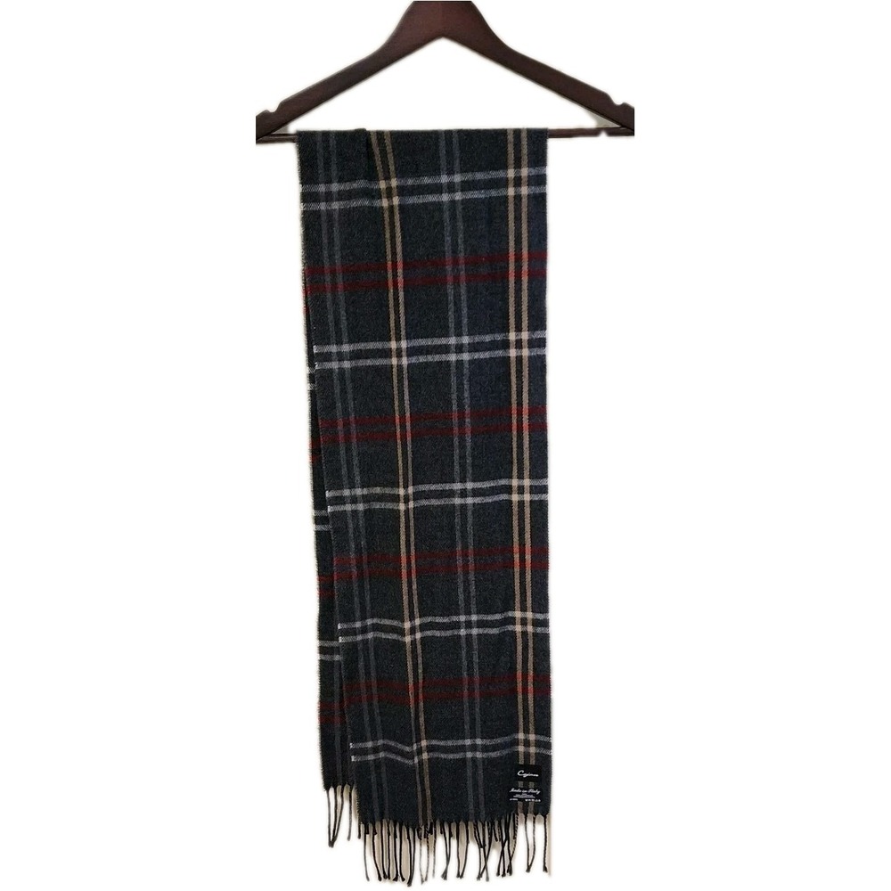 Cejon Italian Scarf Soft Acrylic Gray Red Plaid Fringe Soft 11x64